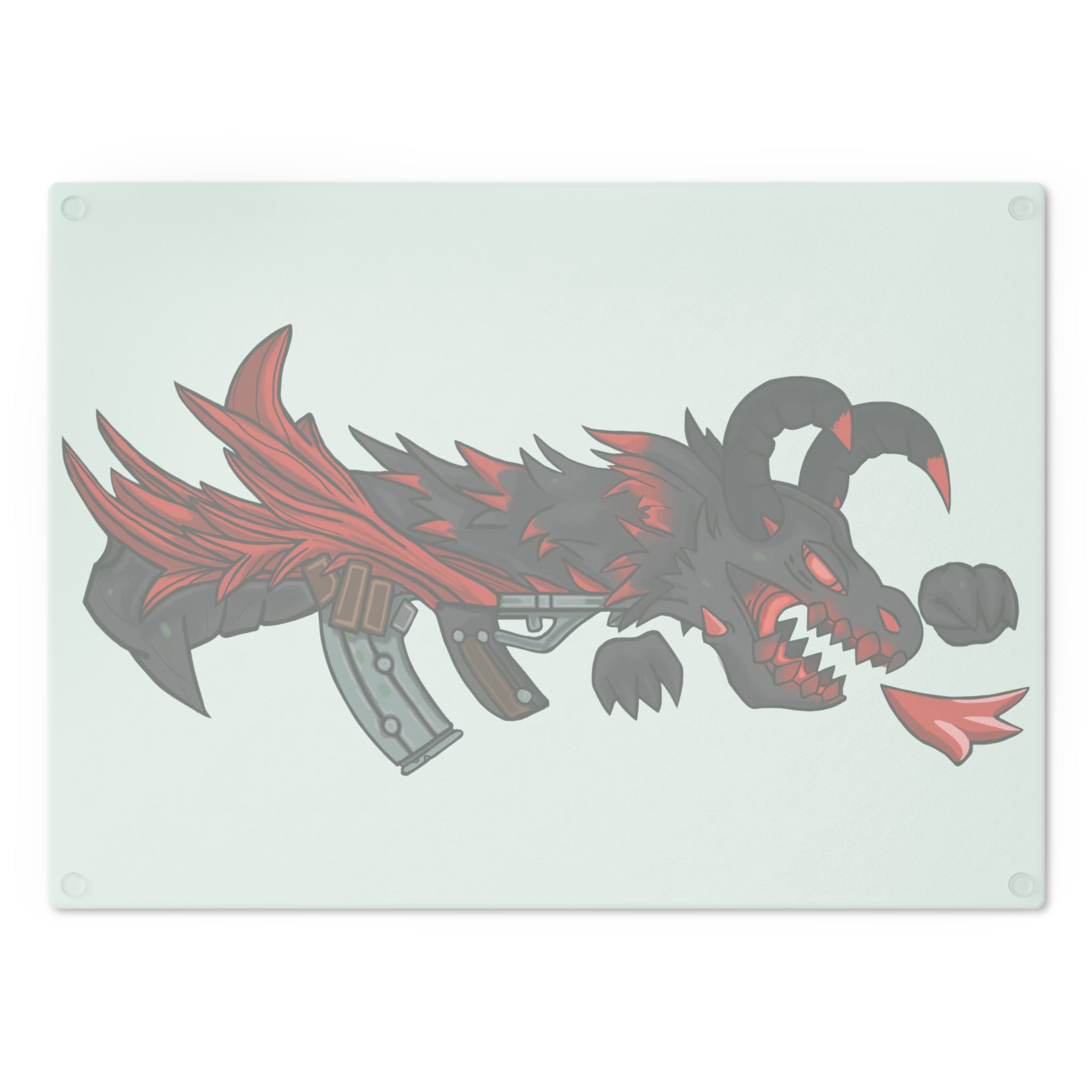A stylish Red Black Dragon Gun Cutting Board made of tempered glass, featuring a vibrant dragon design and four rubber dots for stability.