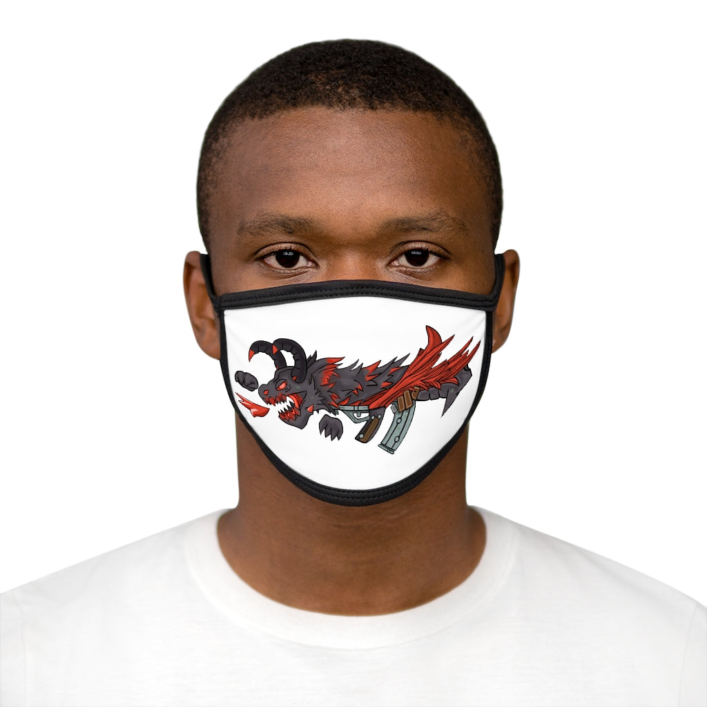 Red Black Dragon Gun Mixed-Fabric Face Mask featuring a unique dragon design with a black outer edge and earloops.