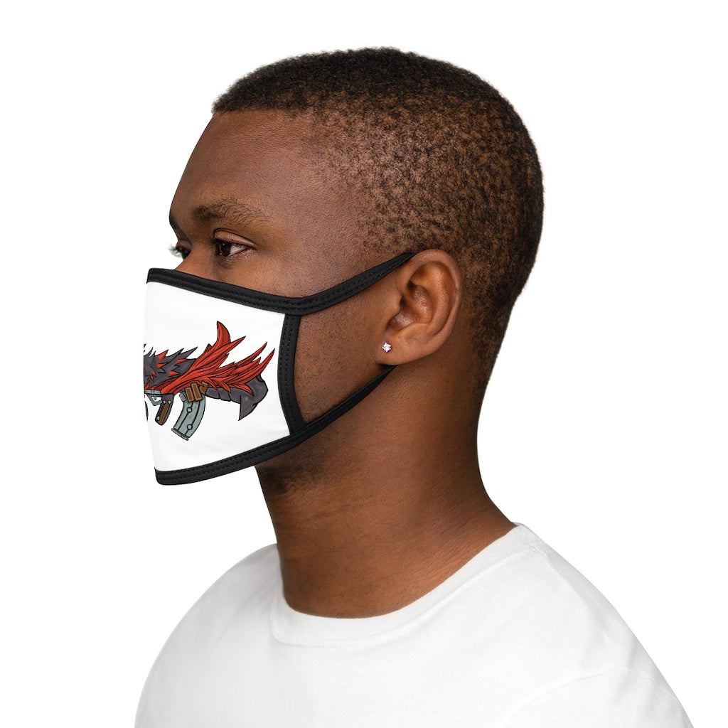 Red Black Dragon Gun Mixed-Fabric Face Mask featuring a unique dragon design with a black outer edge and earloops.