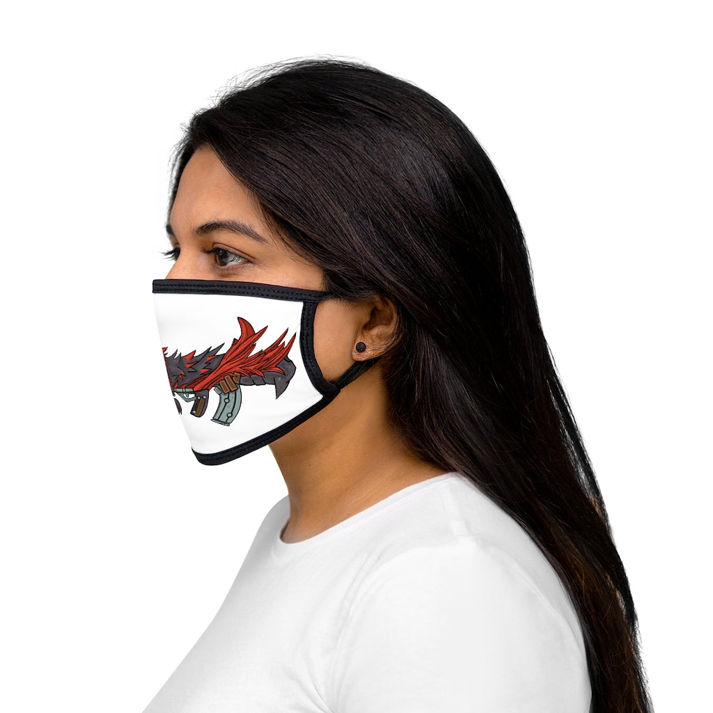 Red Black Dragon Gun Mixed-Fabric Face Mask featuring a unique dragon design with a black outer edge and earloops.