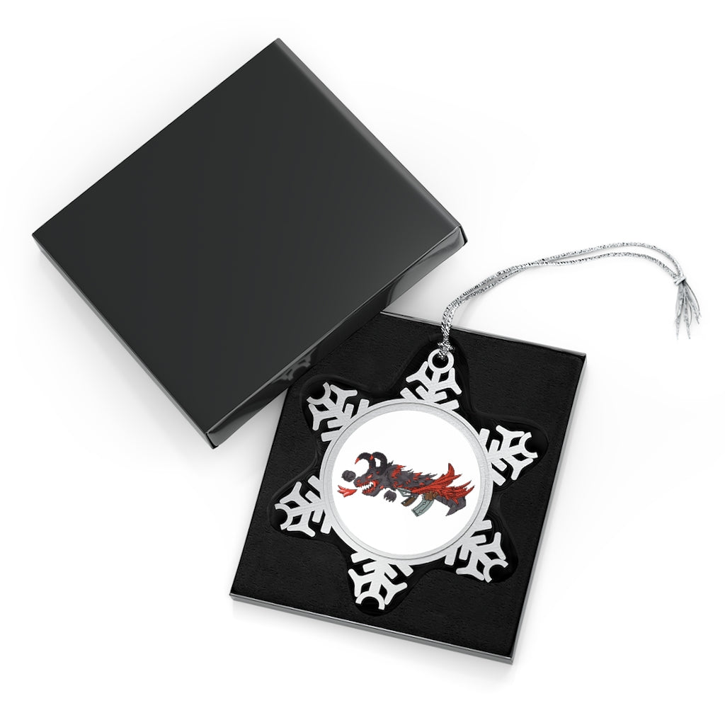 Red Black Dragon Gun Pewter Snowflake Ornament with silver-toned hanging string, showcasing intricate snowflake design.