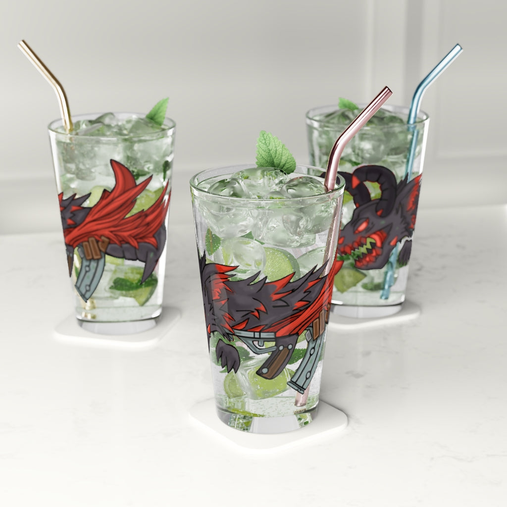 Red Black Dragon Gun Pint Glass, 16oz capacity, featuring a striking dragon design on clear glass.