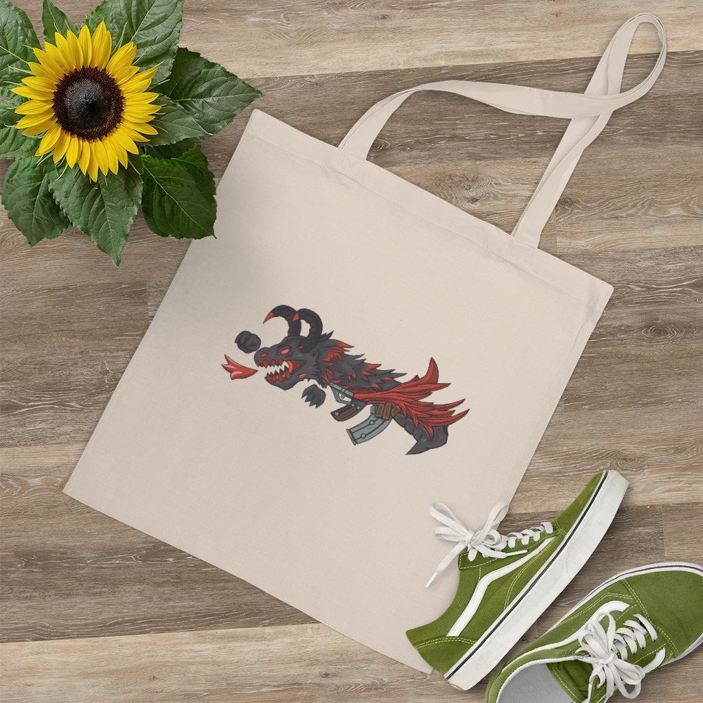 Red Black Dragon Gun Tote Bag featuring vibrant colors and cross-stitched handles, made from durable 100% cotton fabric.