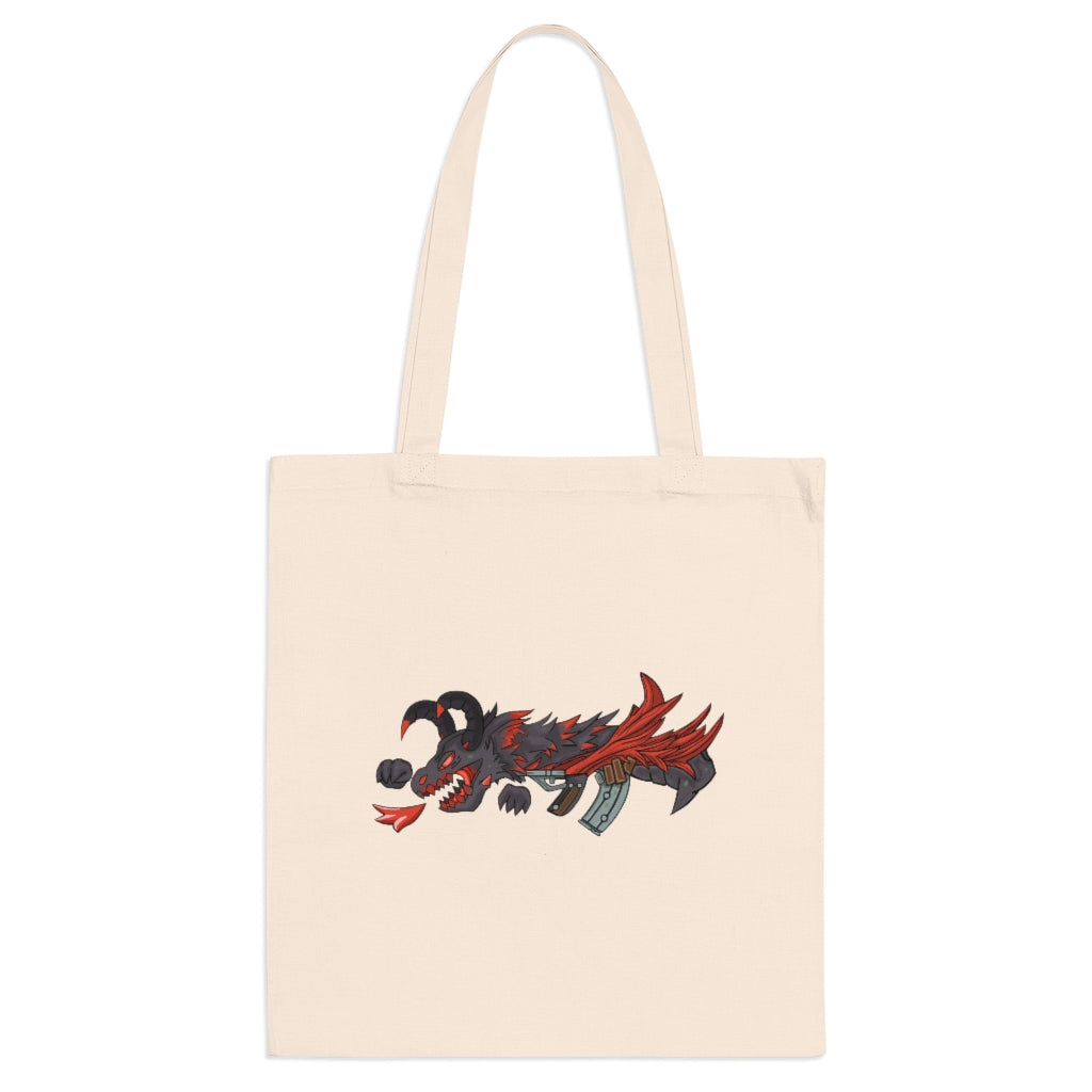 Red Black Dragon Gun Tote Bag featuring vibrant colors and cross-stitched handles, made from durable 100% cotton fabric.