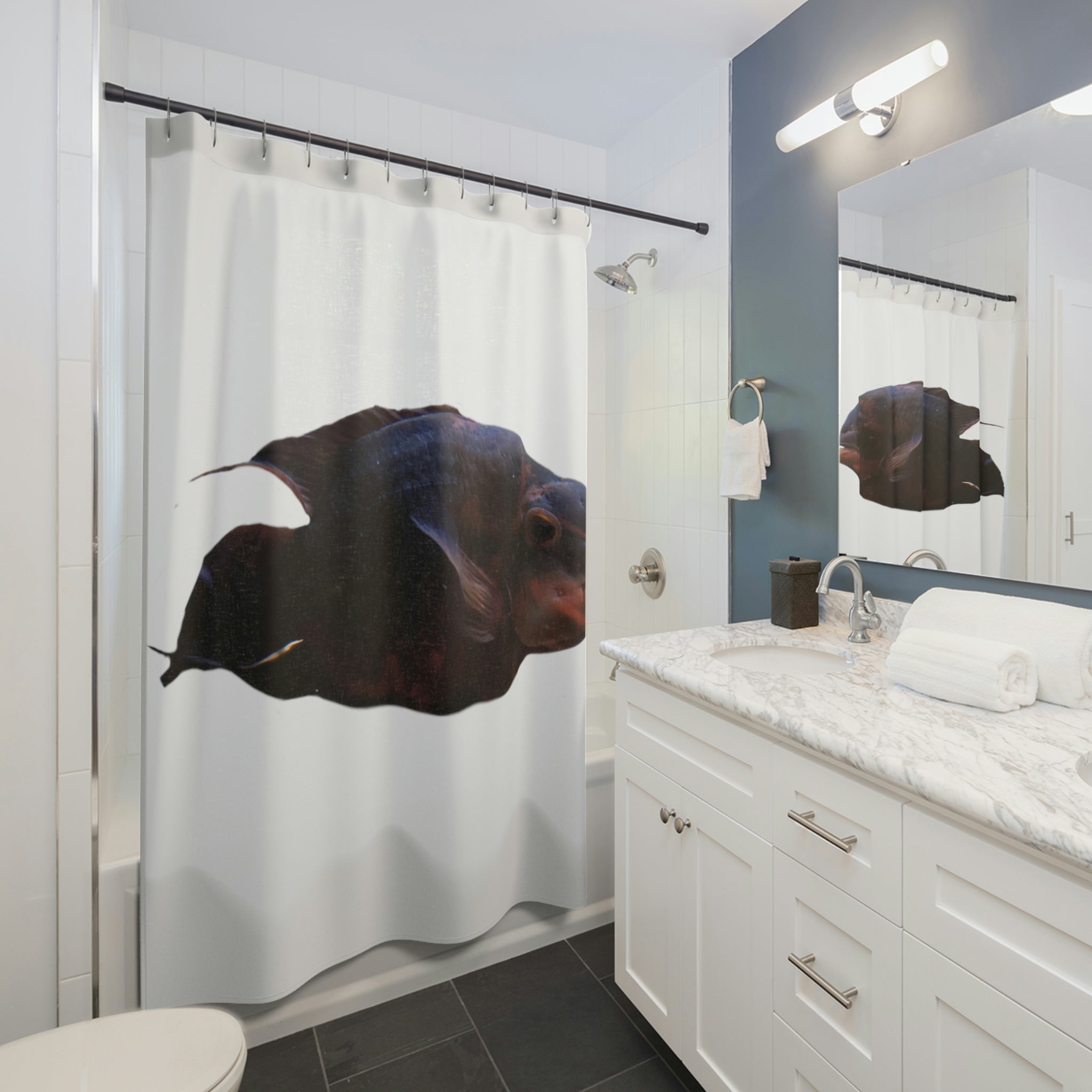 Red Black Fish Shower Curtain featuring vibrant fish patterns on durable polyester fabric, perfect for bathroom decor.