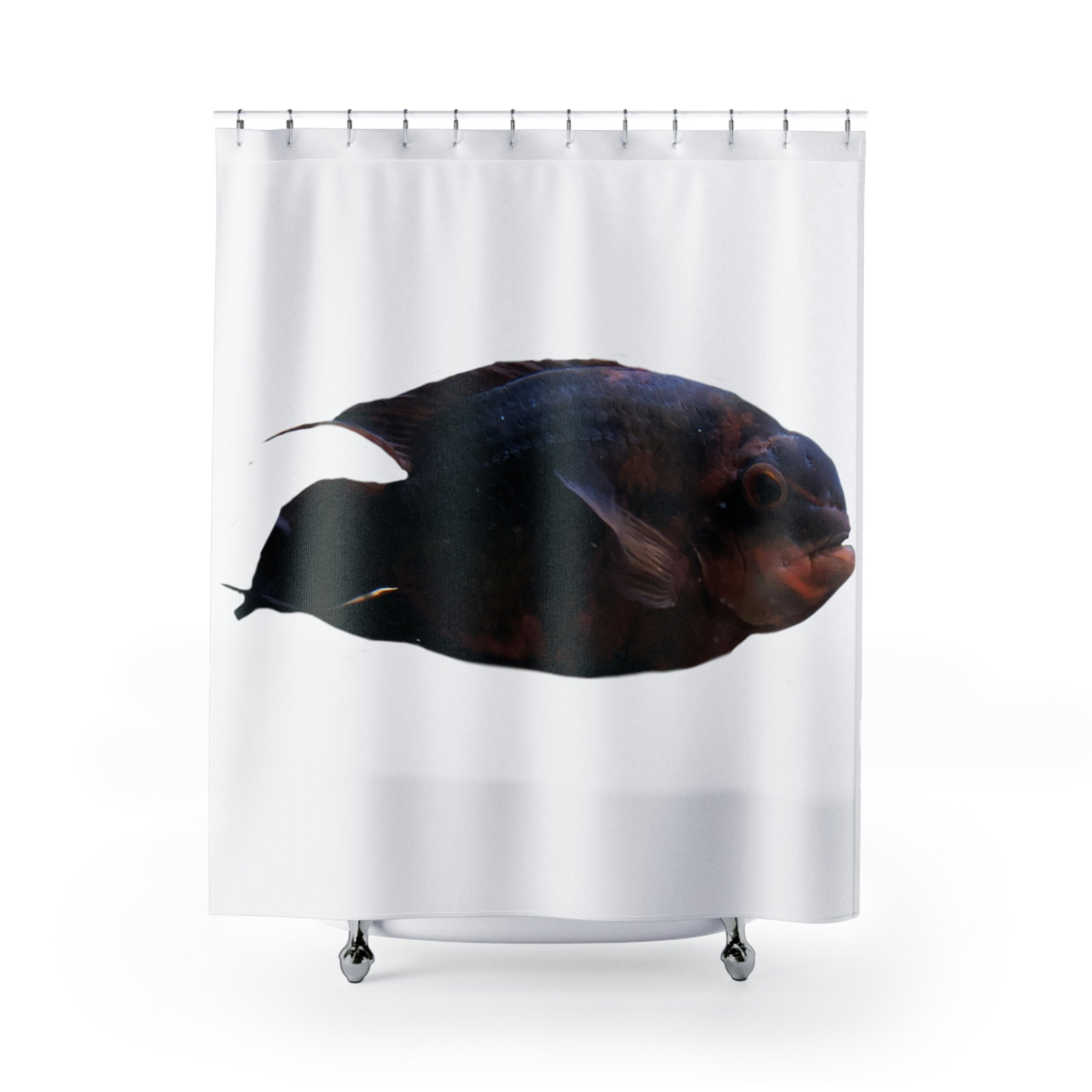 Red Black Fish Shower Curtain featuring vibrant fish patterns on durable polyester fabric, perfect for bathroom decor.