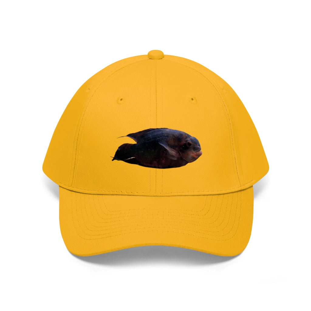 Red Black Fish Unisex Twill Hat featuring a classic 6-panel design and adjustable Velcro closure, perfect for outdoor activities.