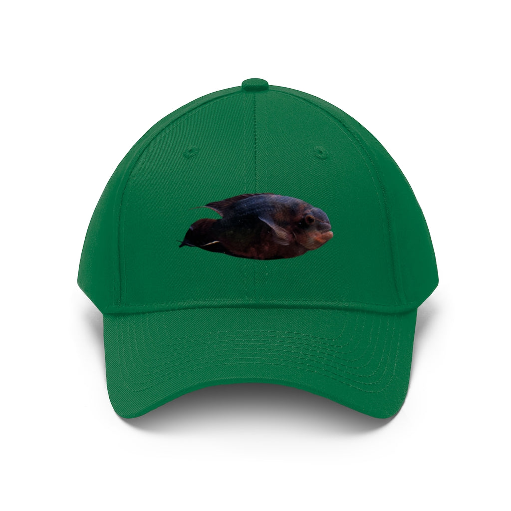 Red Black Fish Unisex Twill Hat featuring a classic 6-panel design and adjustable Velcro closure, perfect for outdoor activities.