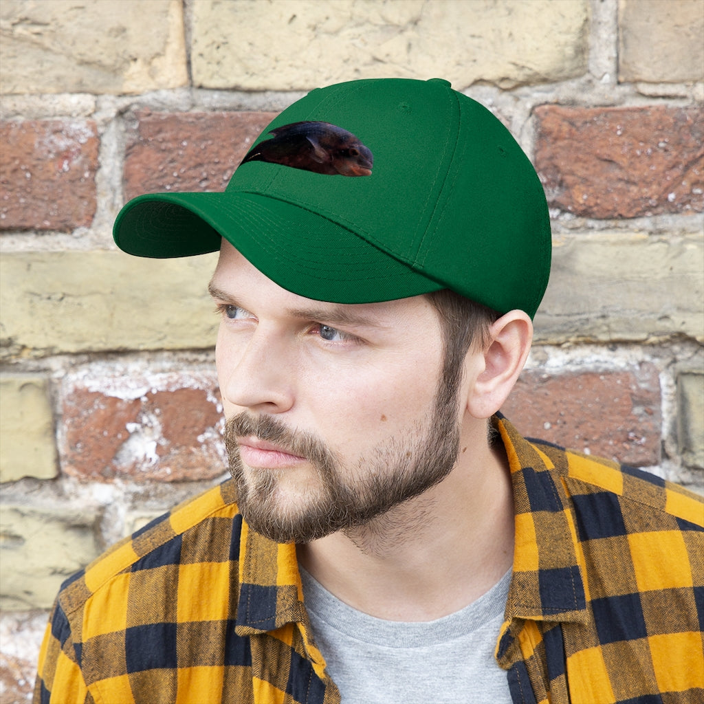 Red Black Fish Unisex Twill Hat featuring a classic 6-panel design and adjustable Velcro closure, perfect for outdoor activities.