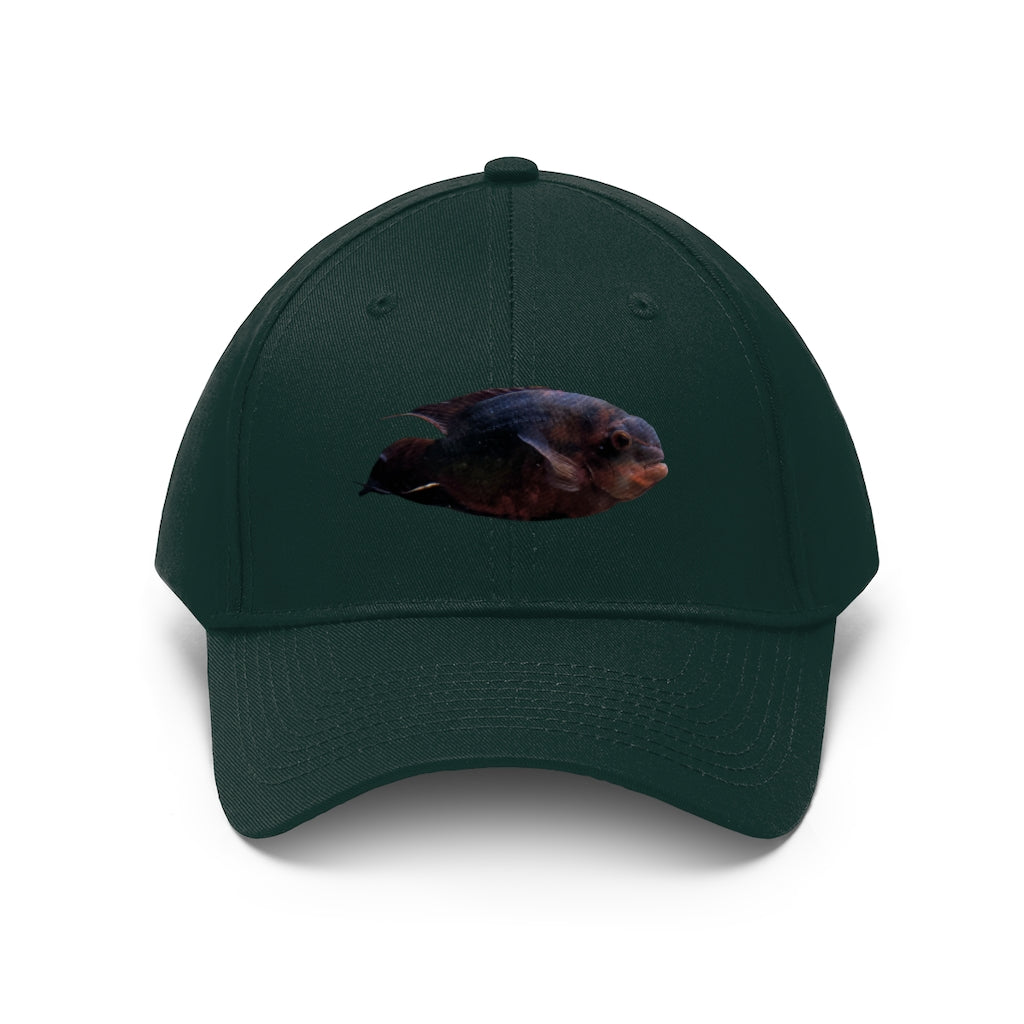 Red Black Fish Unisex Twill Hat featuring a classic 6-panel design and adjustable Velcro closure, perfect for outdoor activities.