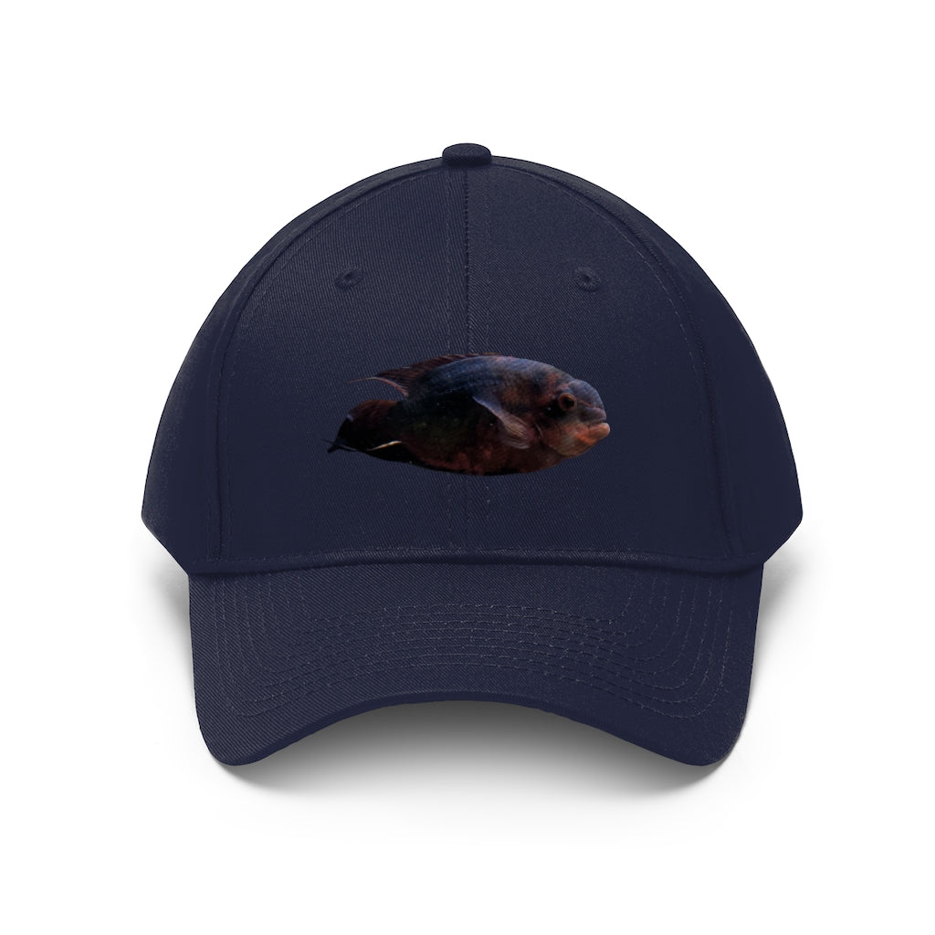 Red Black Fish Unisex Twill Hat featuring a classic 6-panel design and adjustable Velcro closure, perfect for outdoor activities.