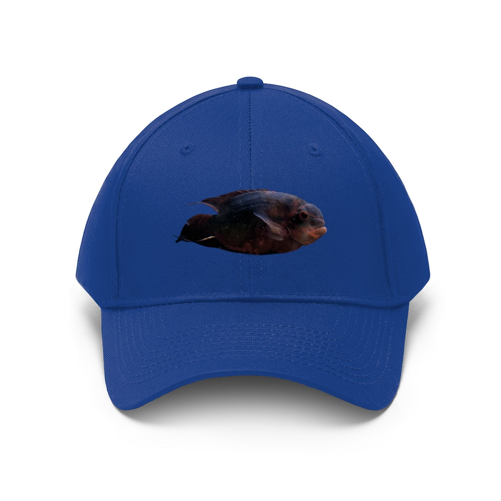 Red Black Fish Unisex Twill Hat featuring a classic 6-panel design and adjustable Velcro closure, perfect for outdoor activities.