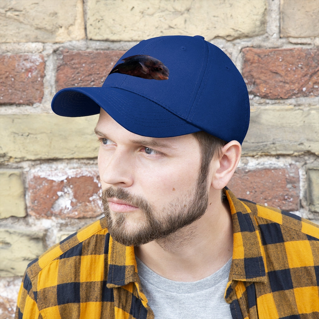 Red Black Fish Unisex Twill Hat featuring a classic 6-panel design and adjustable Velcro closure, perfect for outdoor activities.