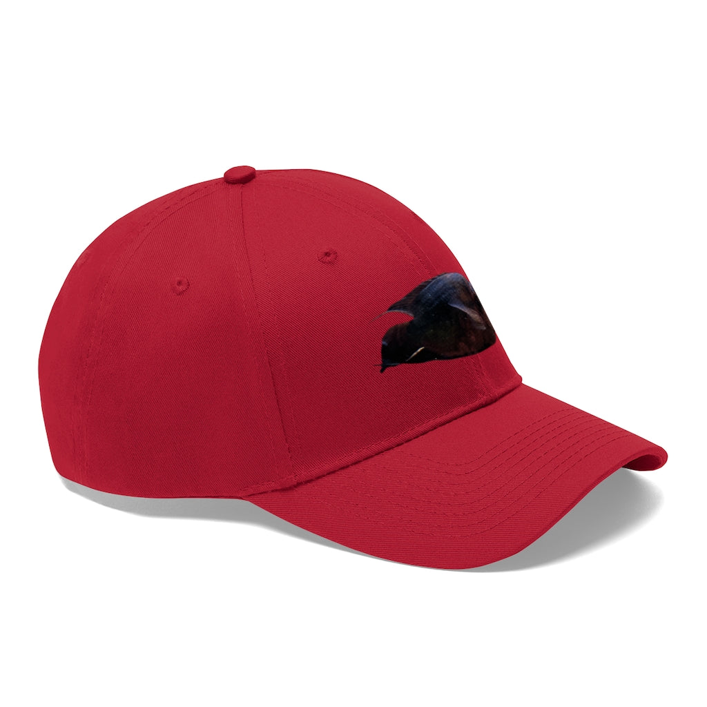 Red Black Fish Unisex Twill Hat featuring a classic 6-panel design and adjustable Velcro closure, perfect for outdoor activities.