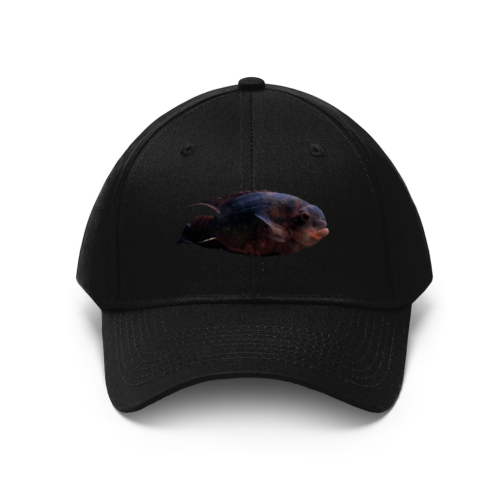 Red Black Fish Unisex Twill Hat featuring a classic 6-panel design and adjustable Velcro closure, perfect for outdoor activities.