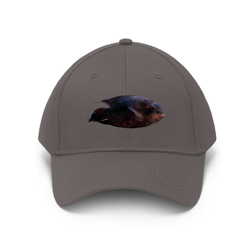 Red Black Fish Unisex Twill Hat featuring a classic 6-panel design and adjustable Velcro closure, perfect for outdoor activities.