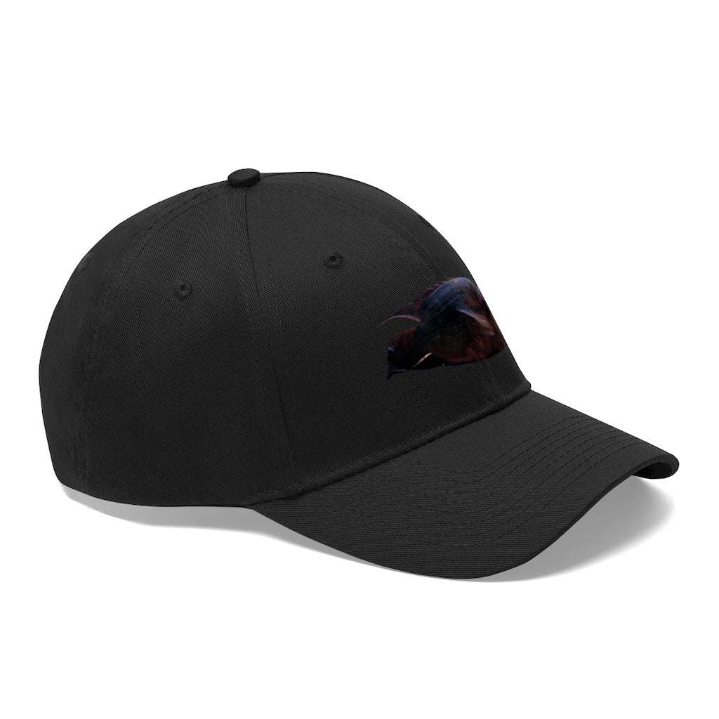 Red Black Fish Unisex Twill Hat featuring a classic 6-panel design and adjustable Velcro closure, perfect for outdoor activities.