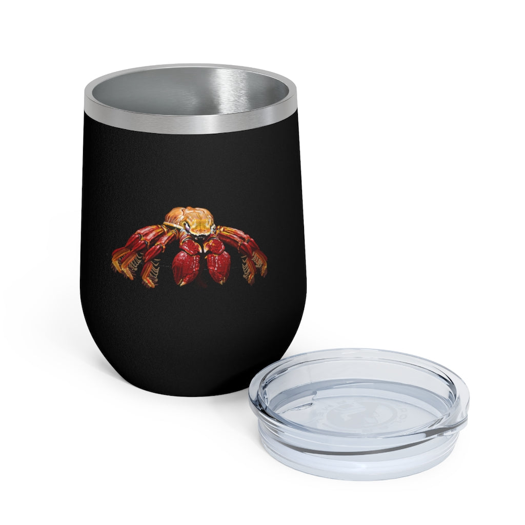 Red Crab 12oz Insulated Wine Tumbler with clear lid, showcasing its sleek stainless steel design and double-wall insulation.