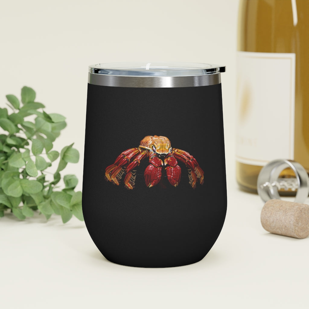 Red Crab 12oz Insulated Wine Tumbler with clear lid, showcasing its sleek stainless steel design and double-wall insulation.
