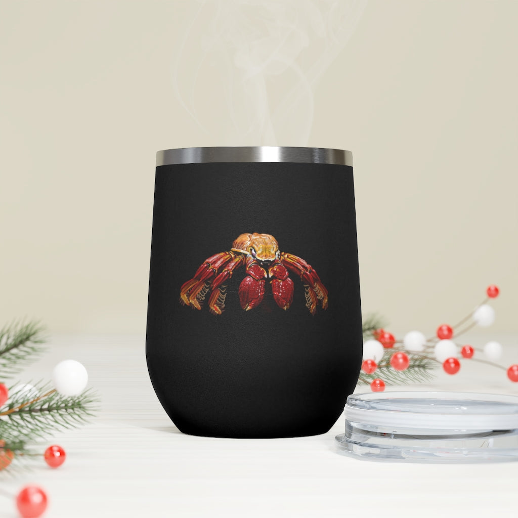Red Crab 12oz Insulated Wine Tumbler with clear lid, showcasing its sleek stainless steel design and double-wall insulation.