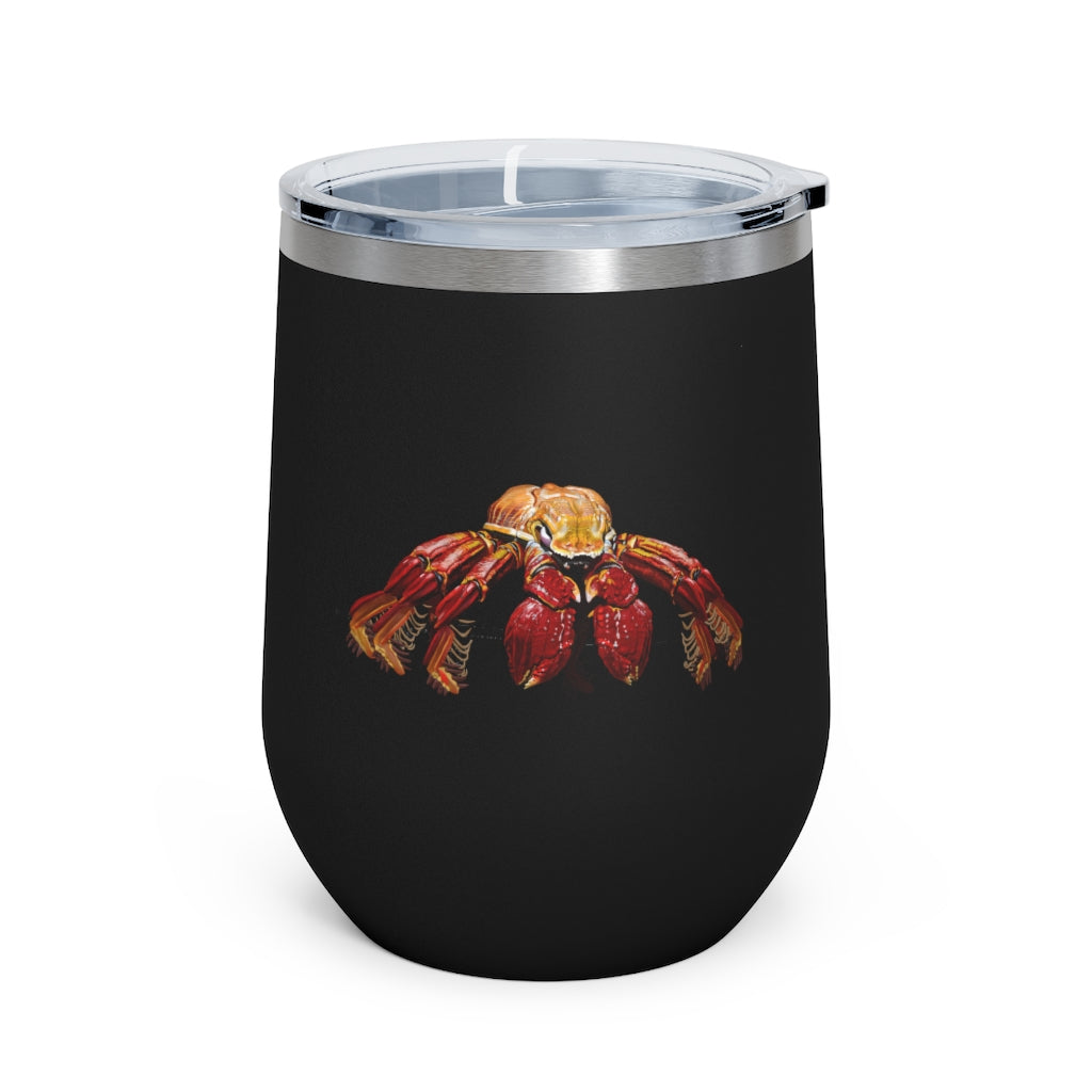 Red Crab 12oz Insulated Wine Tumbler with clear lid, showcasing its sleek stainless steel design and double-wall insulation.