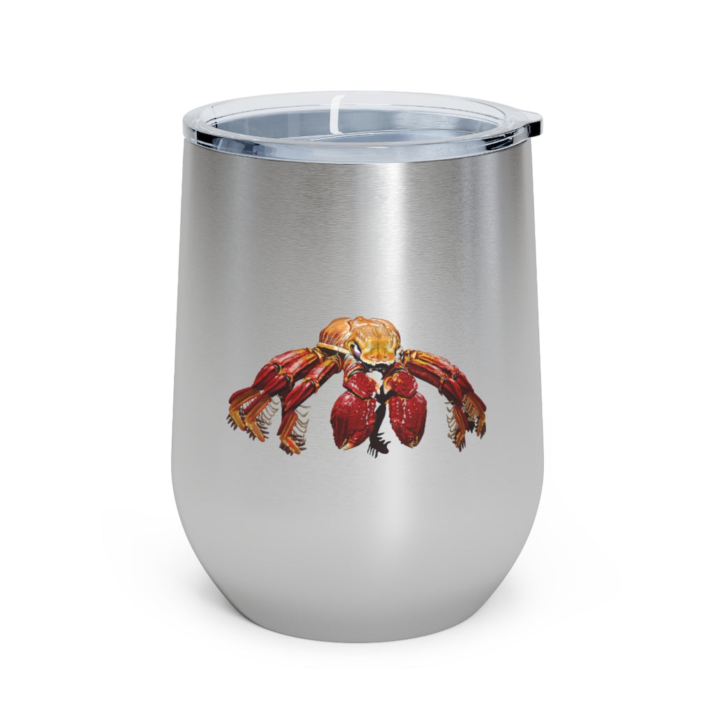 Red Crab 12oz Insulated Wine Tumbler with clear lid, showcasing its sleek stainless steel design and double-wall insulation.