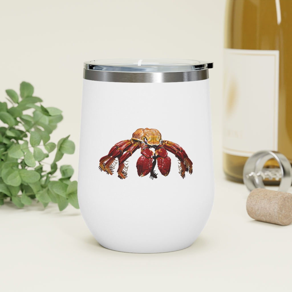 Red Crab 12oz Insulated Wine Tumbler with clear lid, showcasing its sleek stainless steel design and double-wall insulation.