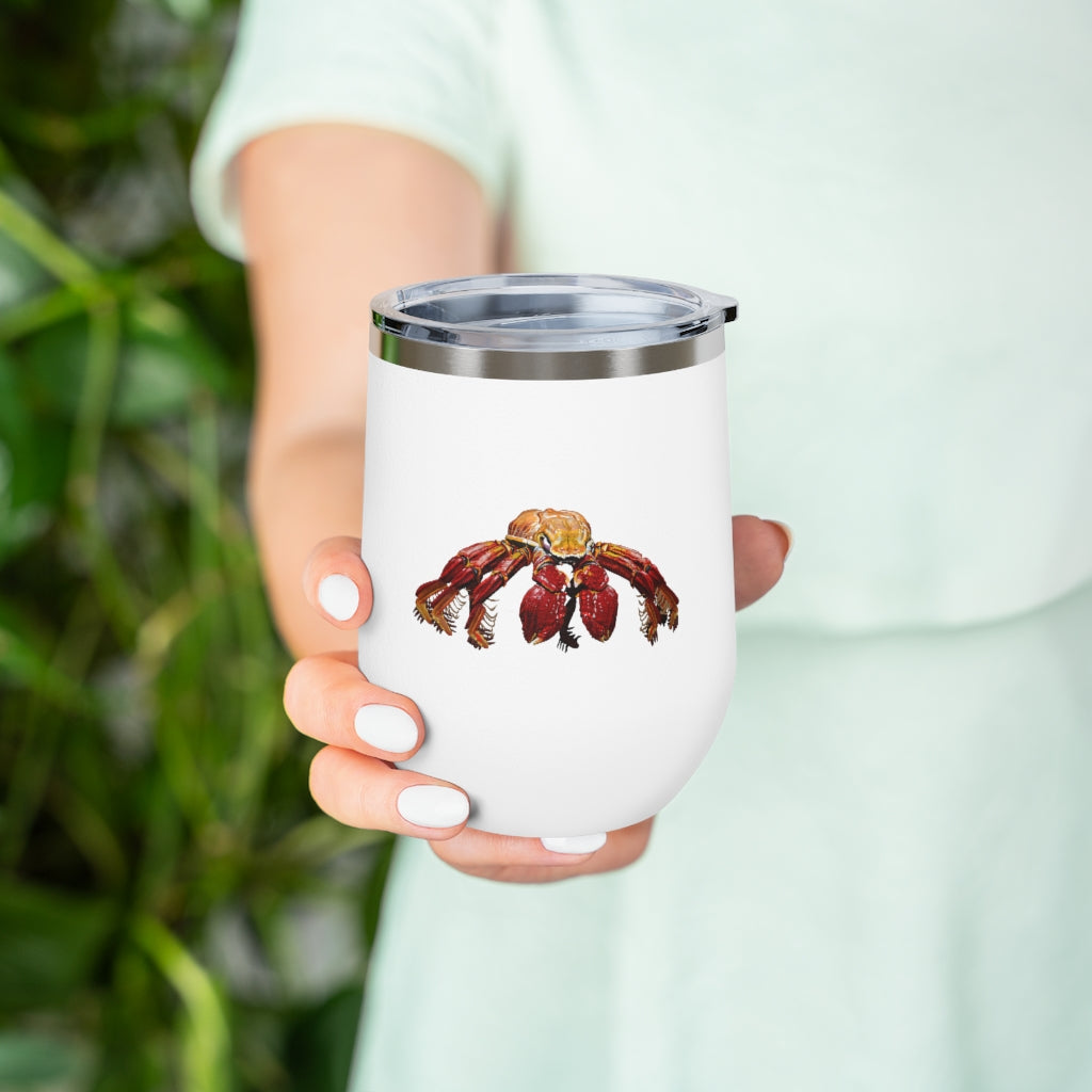 Red Crab 12oz Insulated Wine Tumbler with clear lid, showcasing its sleek stainless steel design and double-wall insulation.