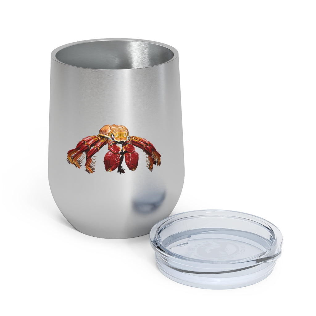 Red Crab 12oz Insulated Wine Tumbler with clear lid, showcasing its sleek stainless steel design and double-wall insulation.