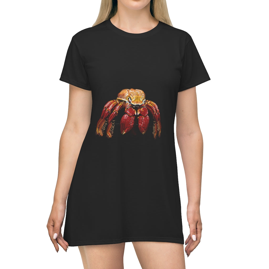 A vibrant Red Crab All Over Print T-Shirt Dress showcasing a playful crab design on a lightweight fabric.