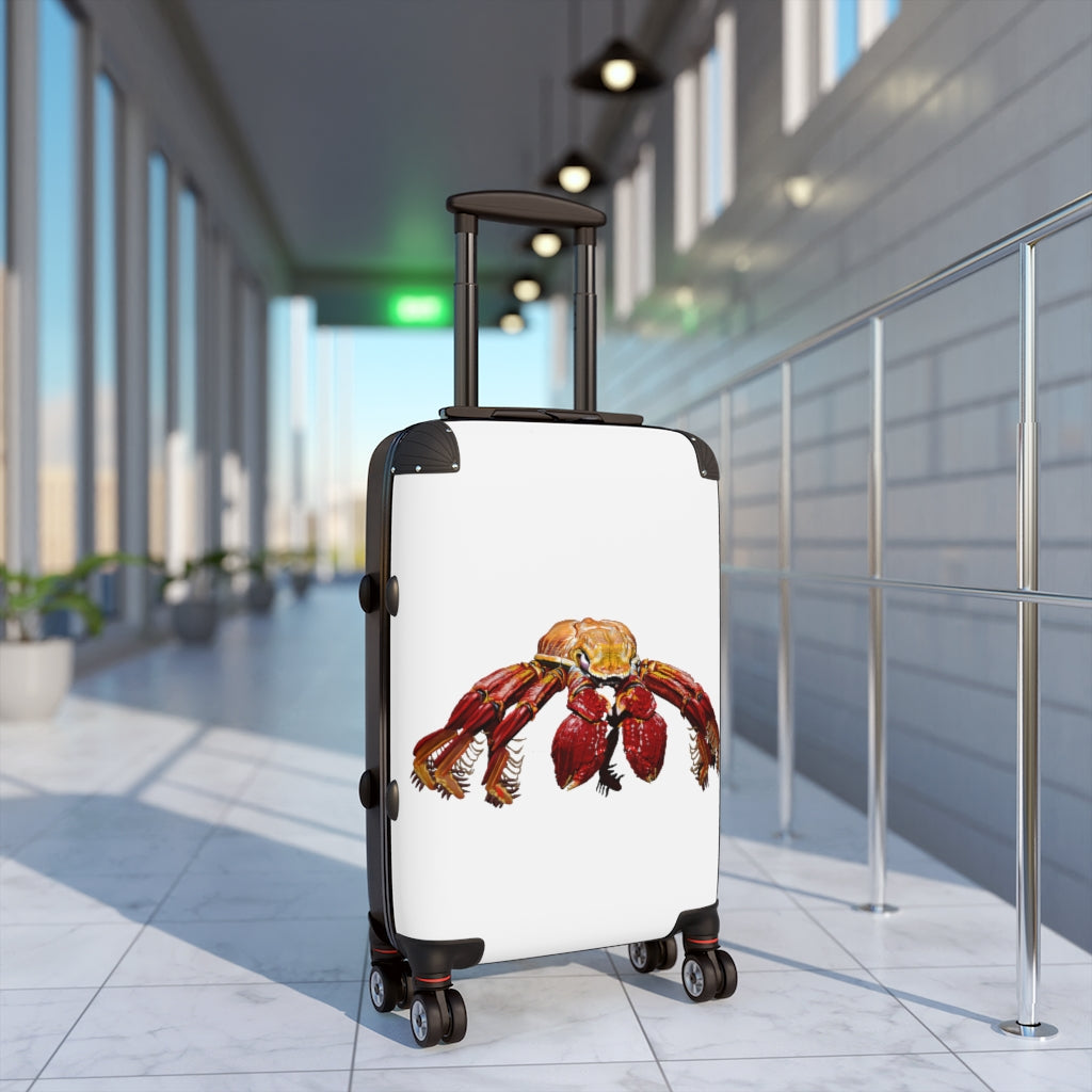 Red Crab Cabin Suitcase featuring a personalized faux leather design, adjustable handle, and 360° swivel wheels.