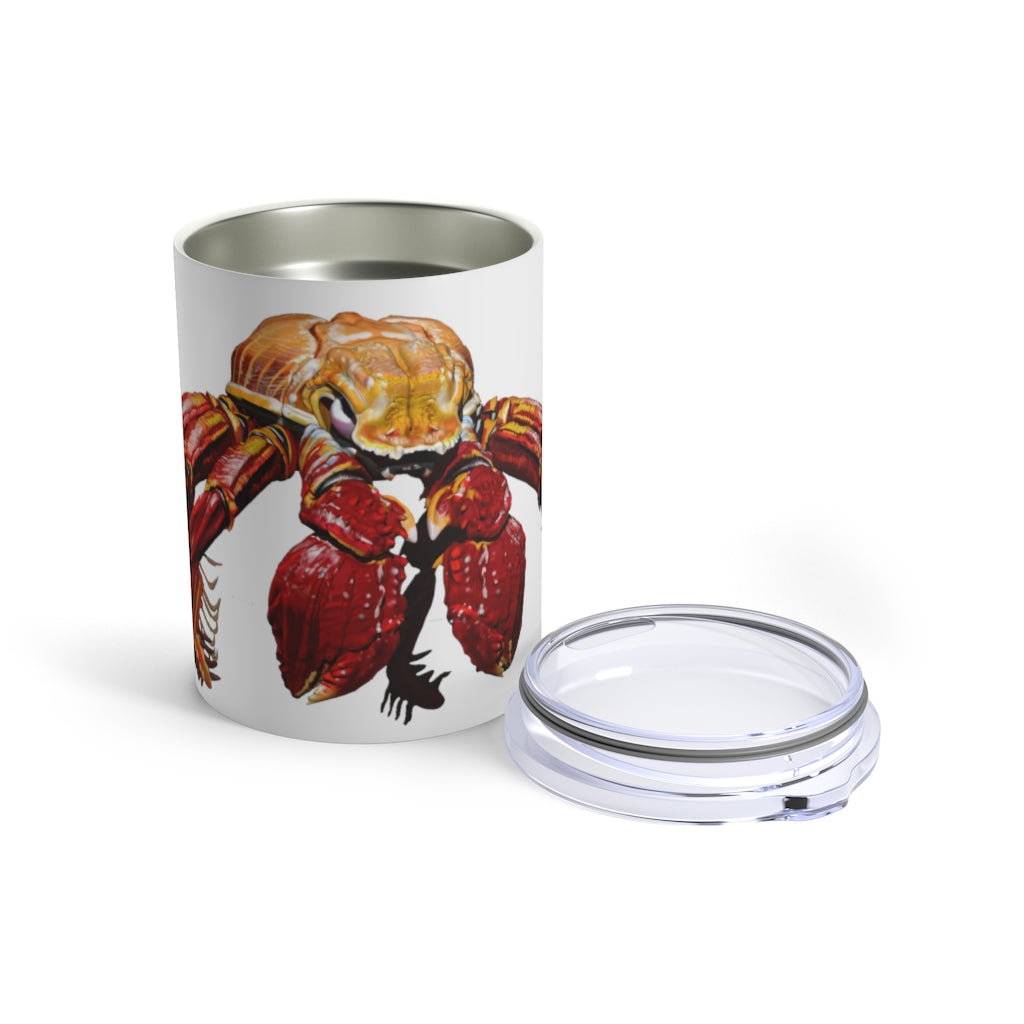 Red Crab Tumbler 10oz made of stainless steel with a see-thru plastic lid, showcasing its stylish design and rounded corners.