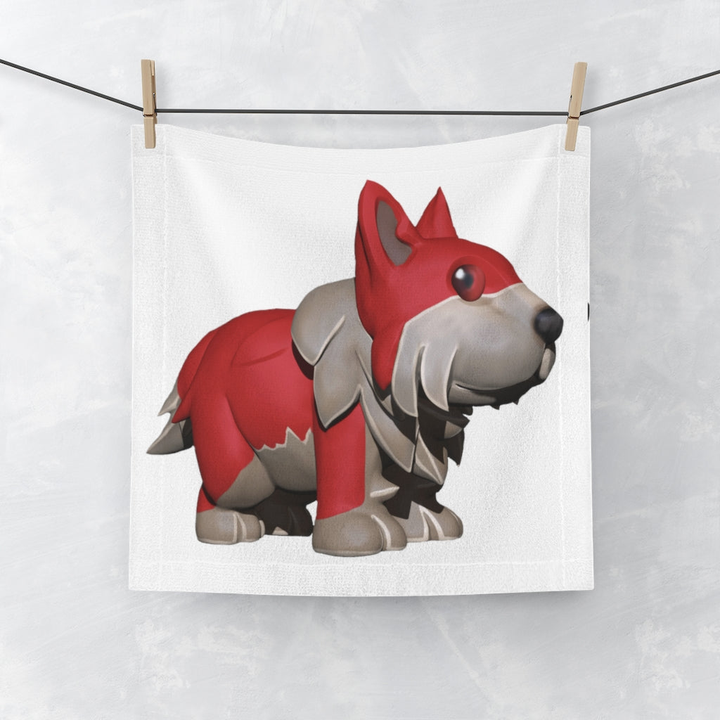 Red Dog Face Towel featuring a customizable polyester front and soft cotton back, perfect for bathroom use.