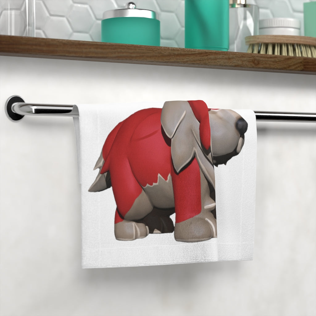 Red Dog Face Towel featuring a customizable polyester front and soft cotton back, perfect for bathroom use.