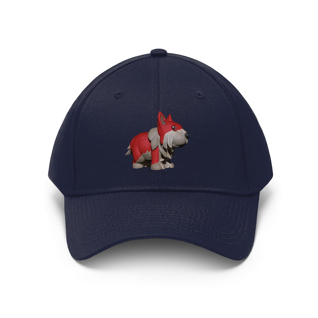 Red Dog Unisex Twill Hat in classic design, made from 100% cotton twill, featuring adjustable Velcro closure.