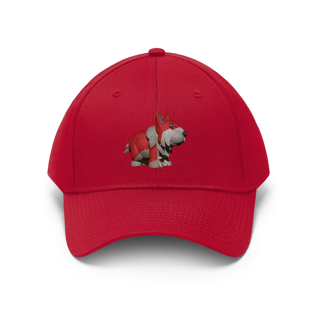 Red Dog Unisex Twill Hat in classic design, made from 100% cotton twill, featuring adjustable Velcro closure.