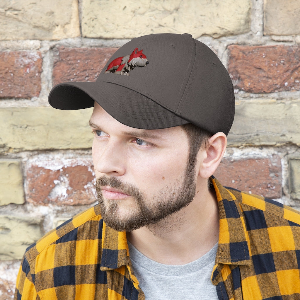 Red Dog Unisex Twill Hat in classic design, made from 100% cotton twill, featuring adjustable Velcro closure.