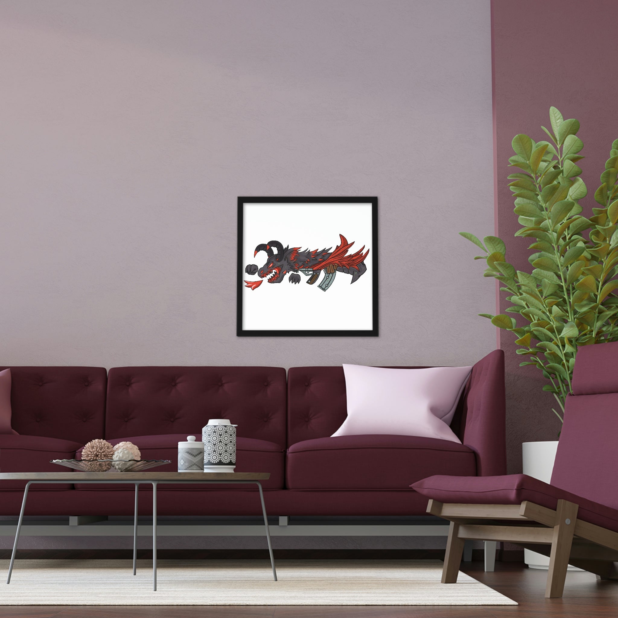 A beautifully framed poster featuring a red dragon weapon design, showcasing vibrant colors and a hand-crafted wooden frame.