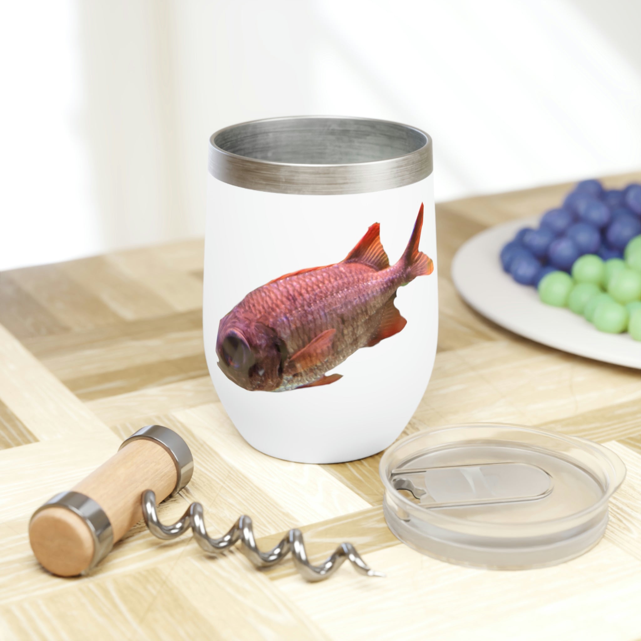 Red Fish Chill Wine Tumbler in stainless steel with double-insulated walls, perfect for keeping drinks hot or cold.