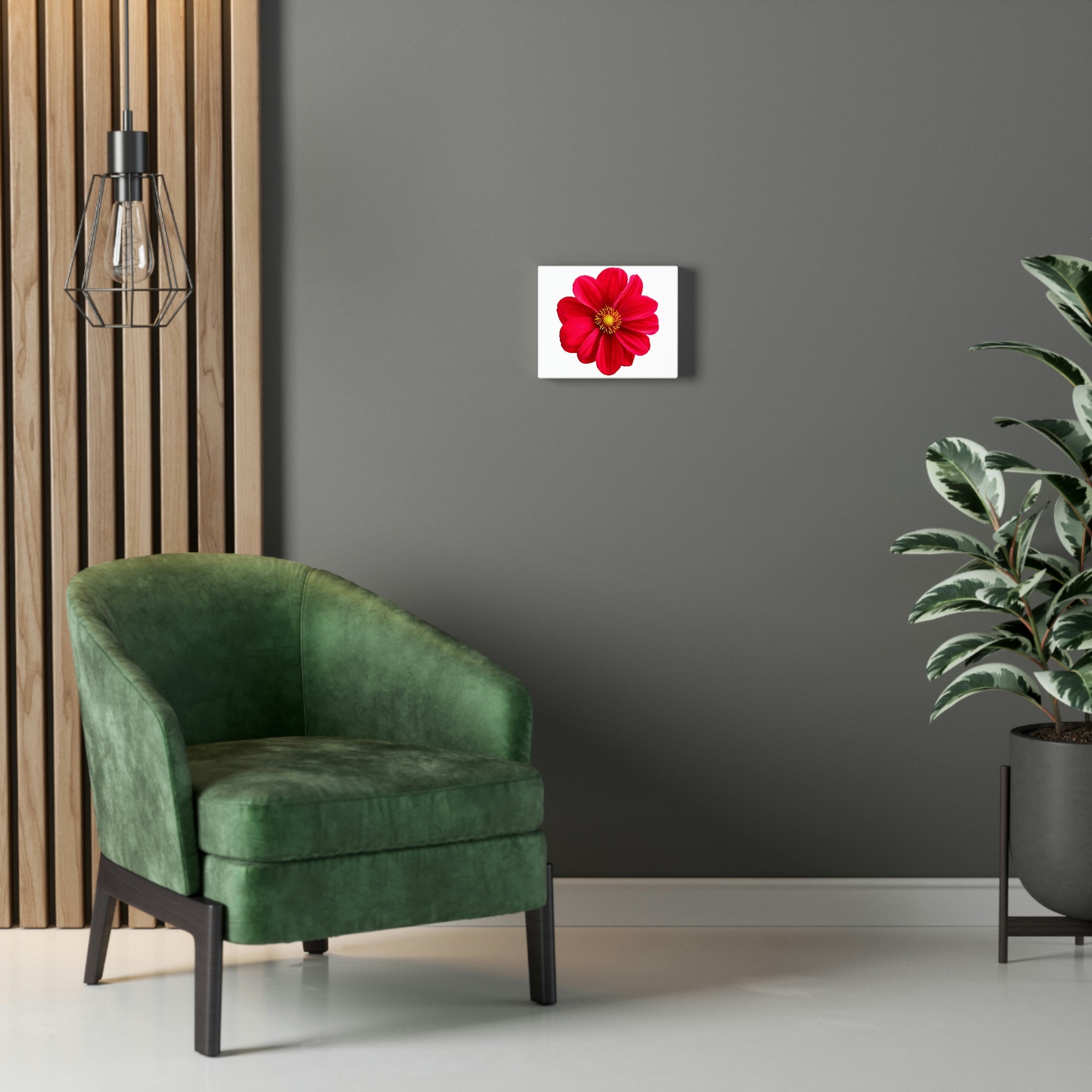 A vibrant red flower printed on a stretched canvas, framed with a sturdy wooden border, perfect for indoor decoration.