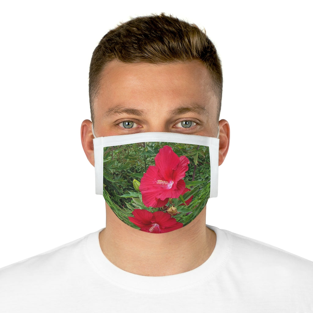 Red Flowers Cotton Face Mask featuring a vibrant floral design, made from 100% cotton with adjustable earloops and nose wire.