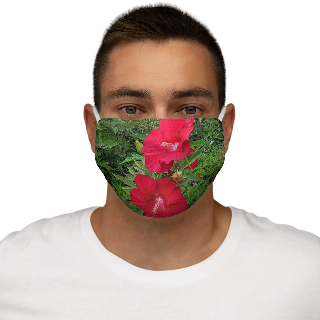 Red Flowers Snug-Fit Polyester Face Mask featuring a vibrant floral design with elastic earloops for a comfortable fit.