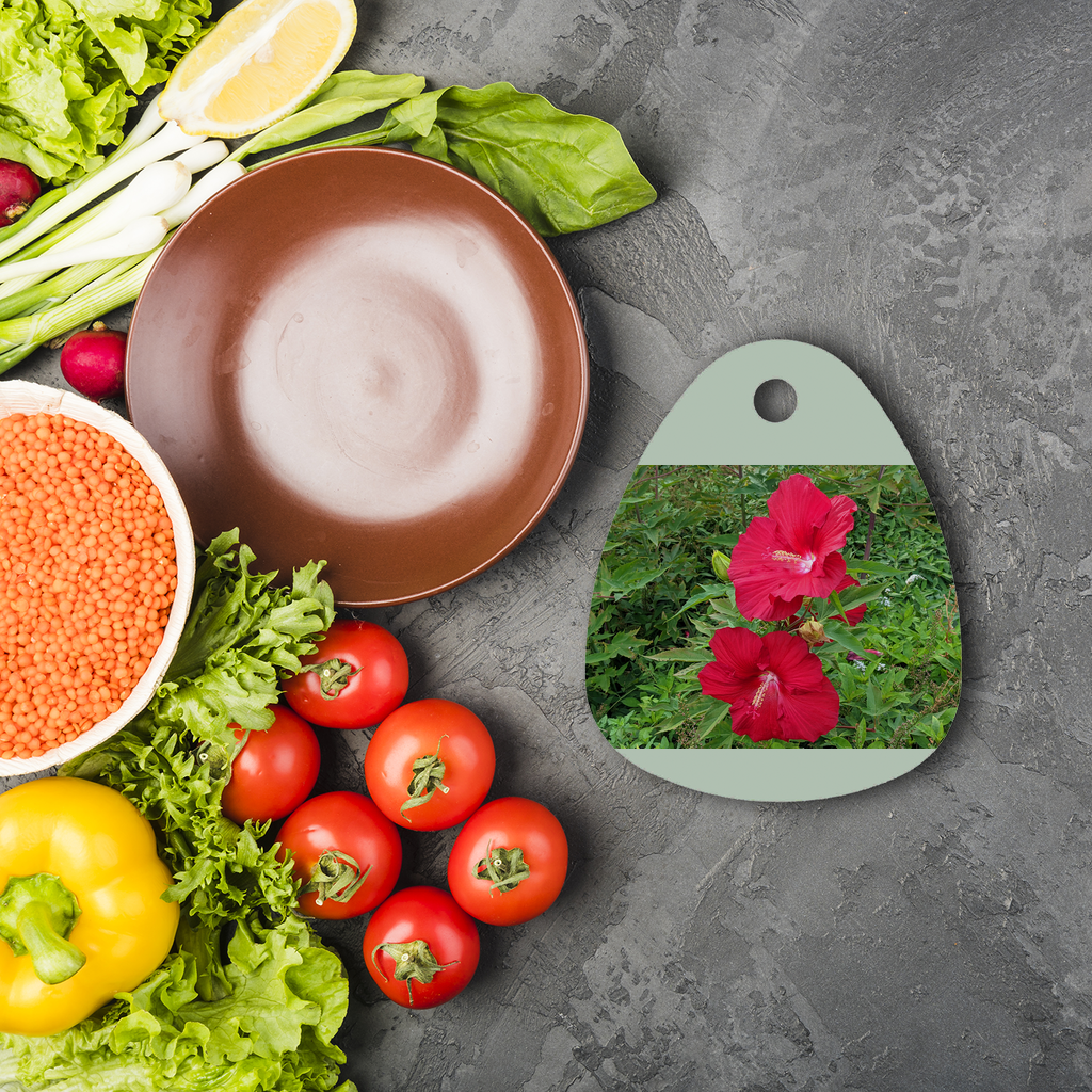 Red Flowers Sublimation Glass Cutting Board with a vibrant floral design, featuring a round shape and rubber feet for stability.