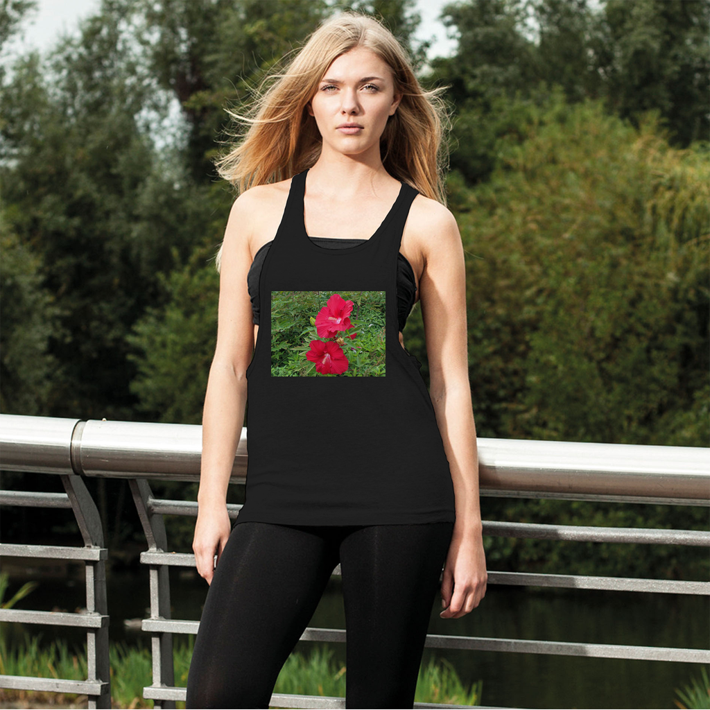 Red Flowers Women's Loose Racerback Tank Top featuring a wide crew neck and extra-deep armholes, made from lightweight cotton fabric.