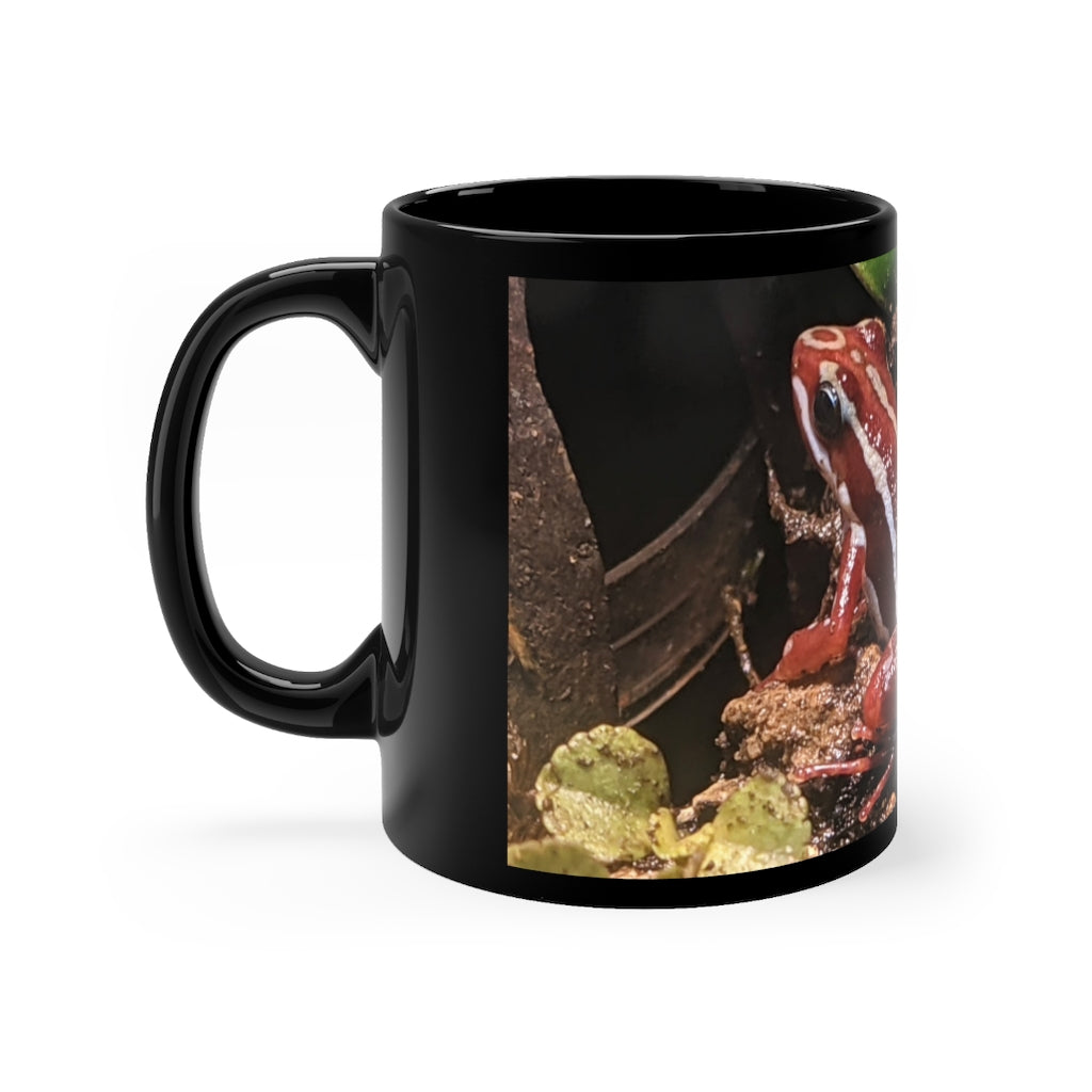 Red Frog Black mug, 11oz capacity, featuring a sleek black ceramic design with rounded corners and a C-handle.