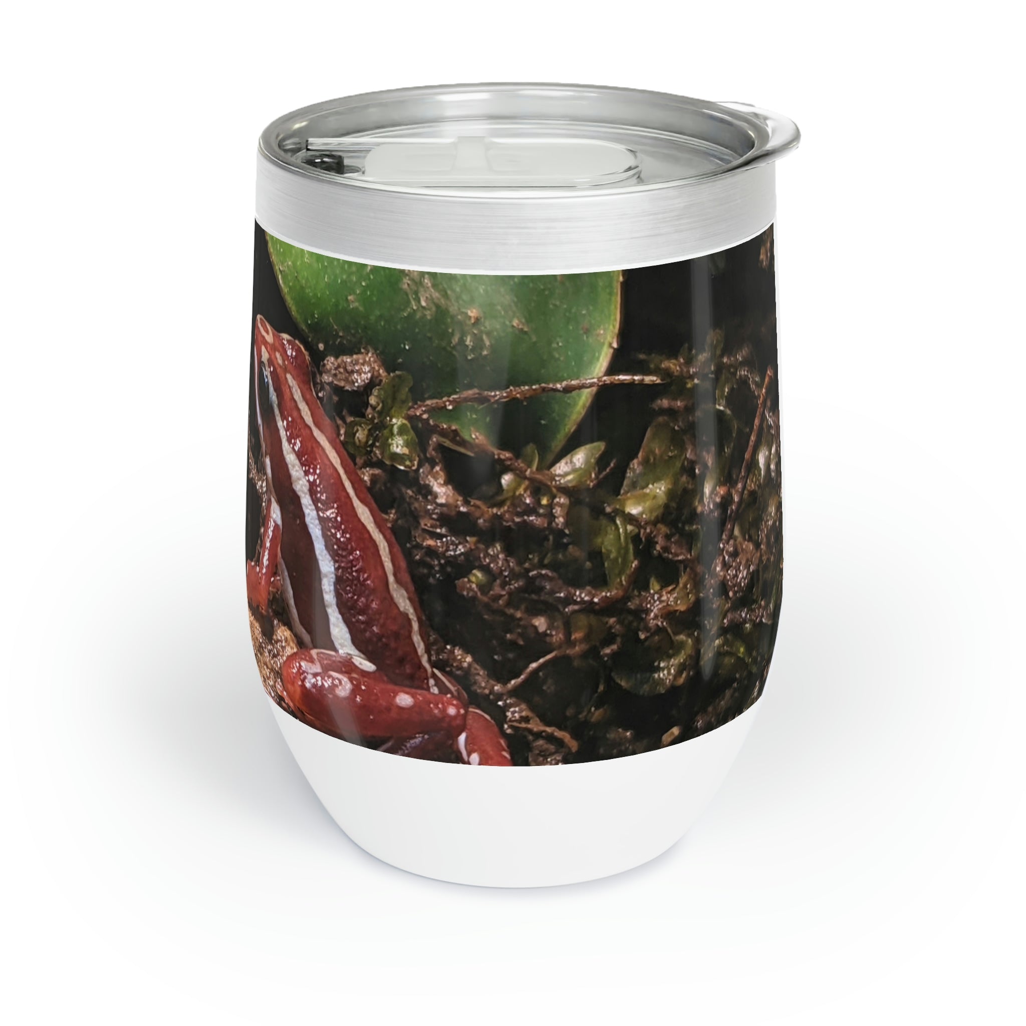 Red Frog Chill Wine Tumbler in stainless steel with double-insulated walls, showcasing a sleek stemless design.