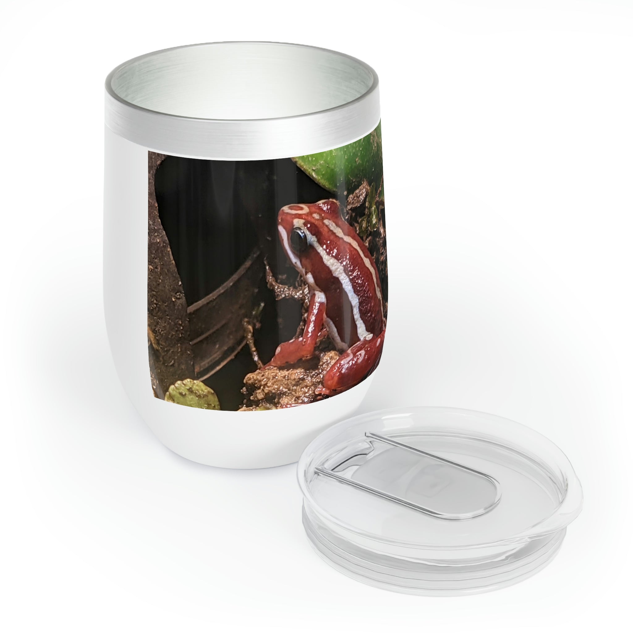 Red Frog Chill Wine Tumbler in stainless steel with double-insulated walls, showcasing a sleek stemless design.