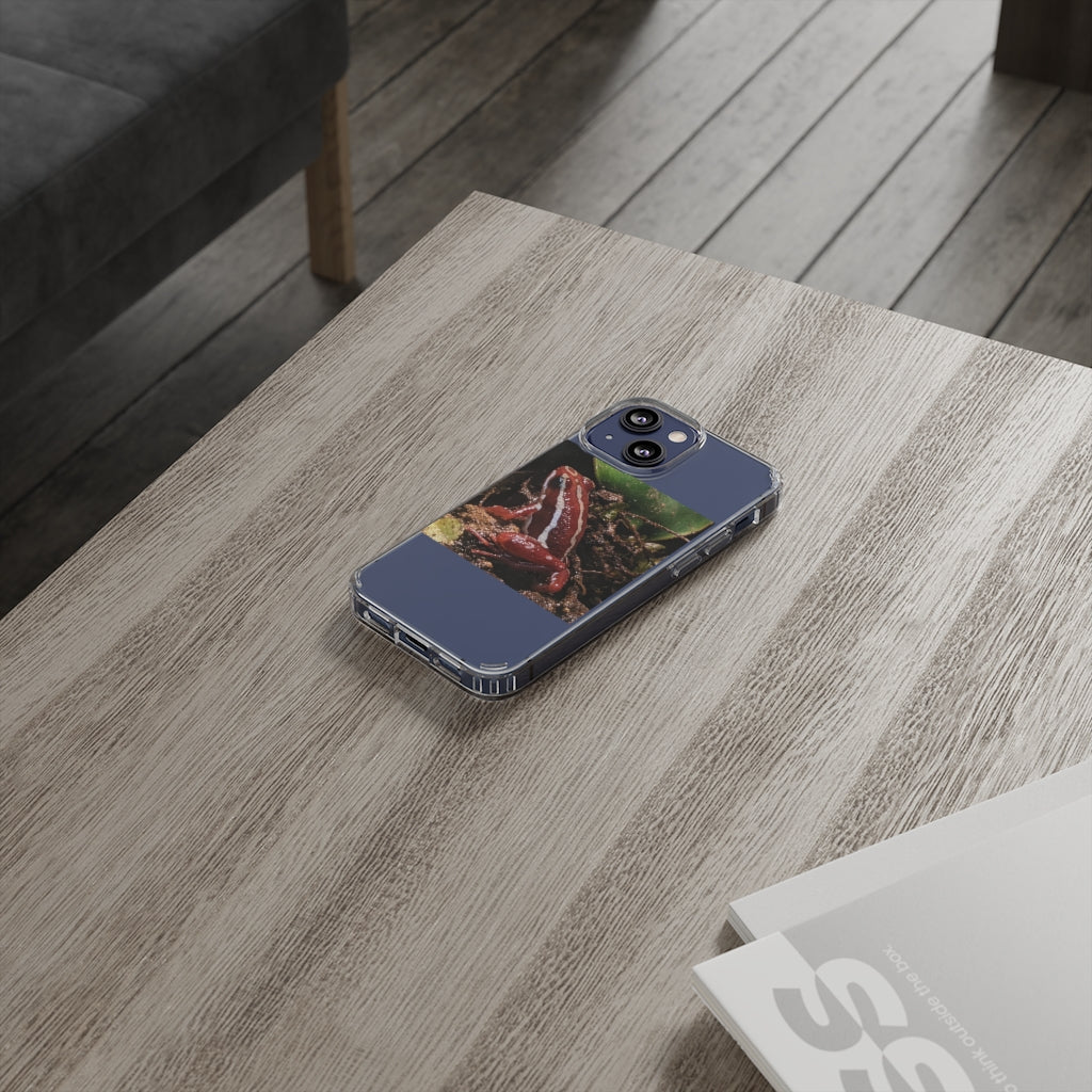 Red Frog Clear Case showcasing a crystal clear design with cushioned TPU edges, protecting a smartphone.