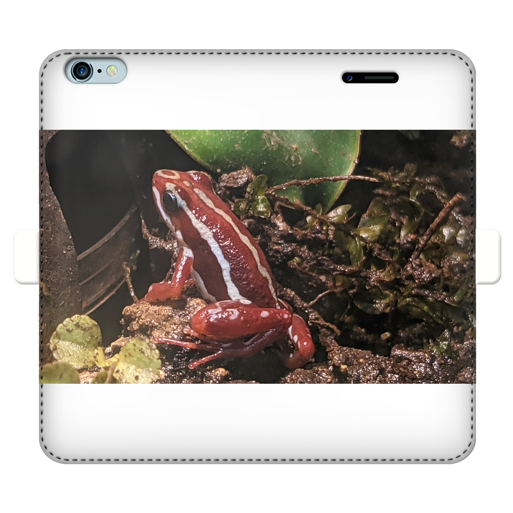 Red Frog Fully Printed Wallet Case featuring vibrant UV-printed designs on a white faux leather exterior, with a black interior phone holder.