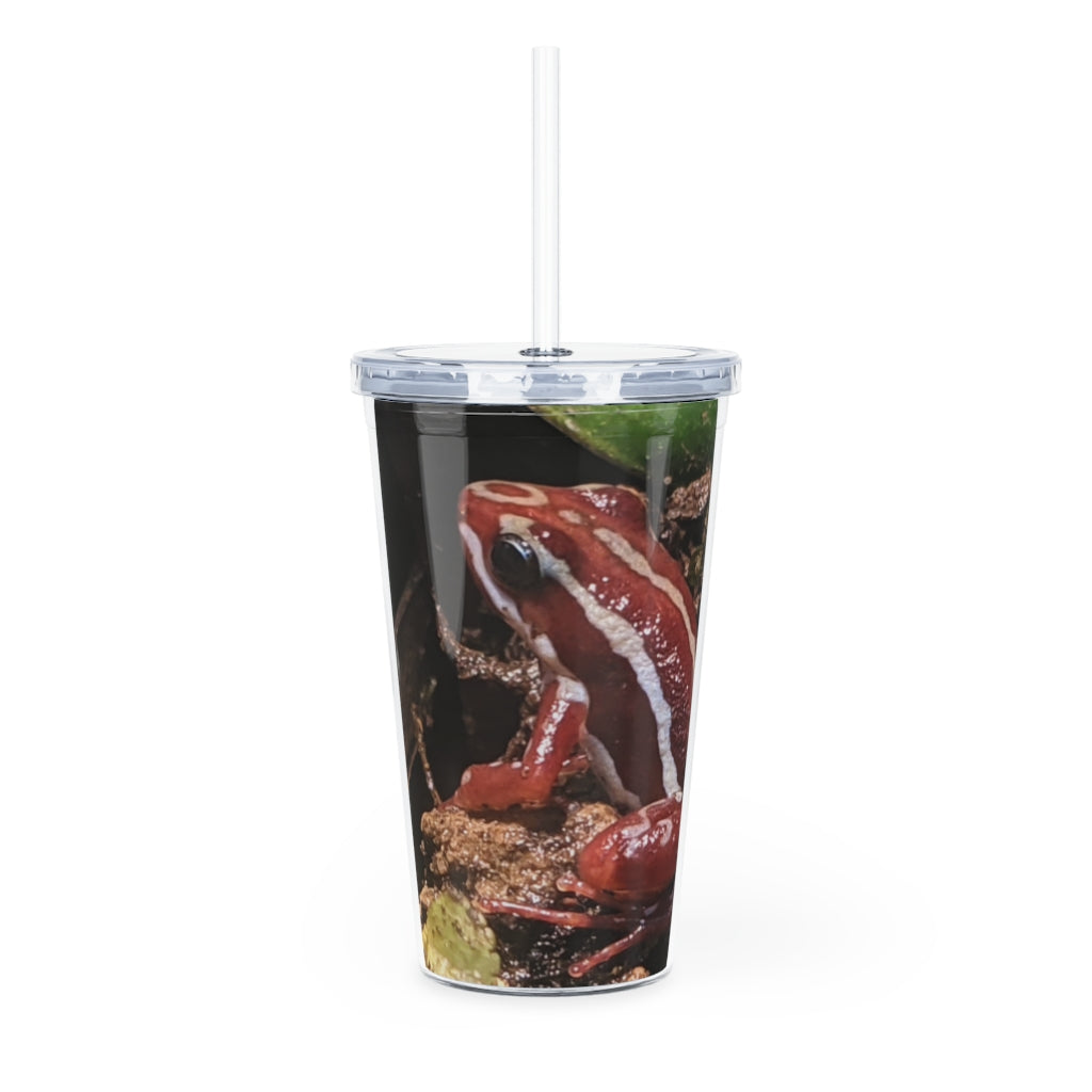 Red Frog Plastic Tumbler with Straw, featuring a customizable design, lid, and straw, perfect for parties and gatherings.